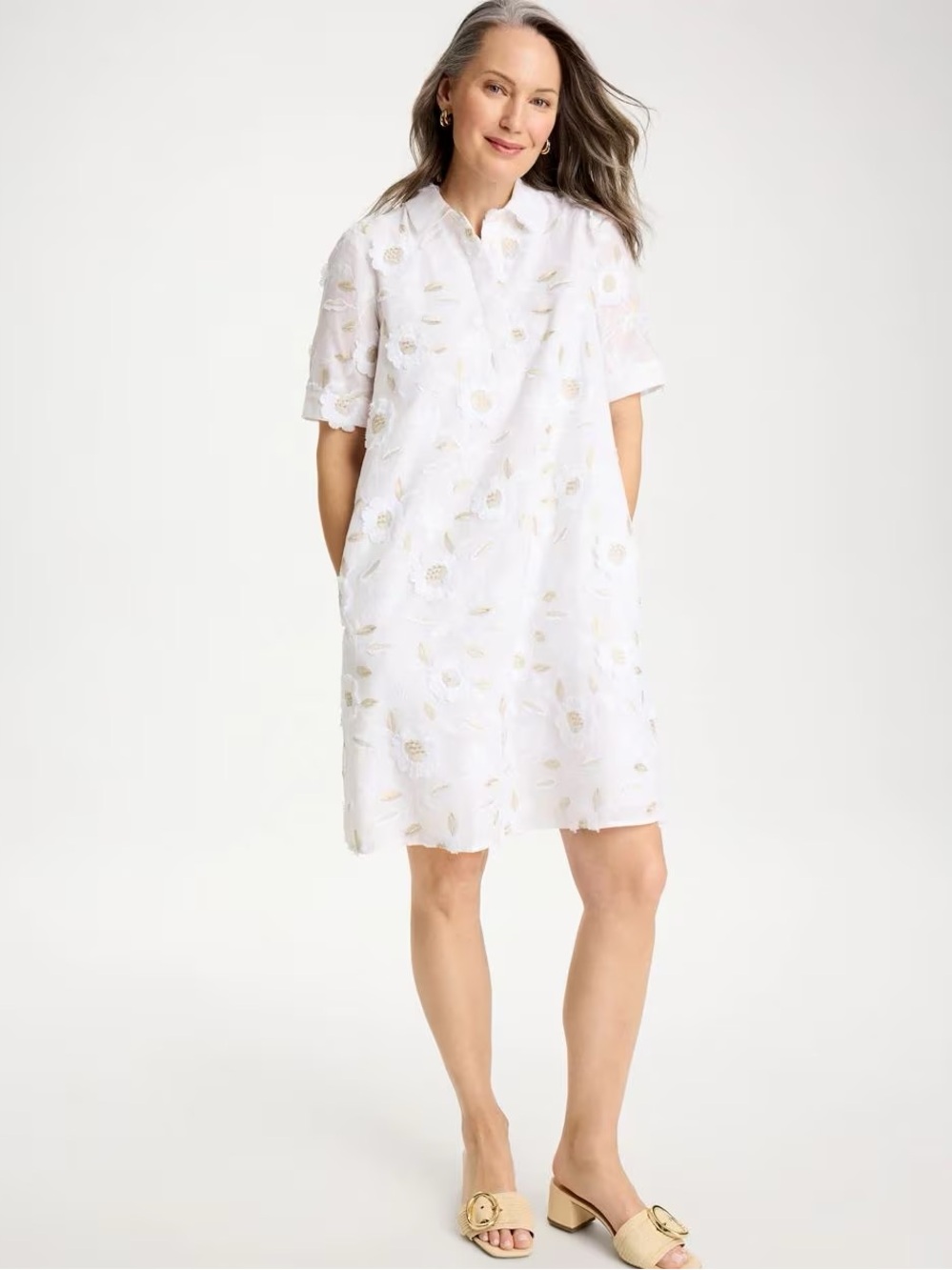 Chico’s 3D Floral Embroidered Dress White Gold Lined Popover Collar - Picture 2 of 11